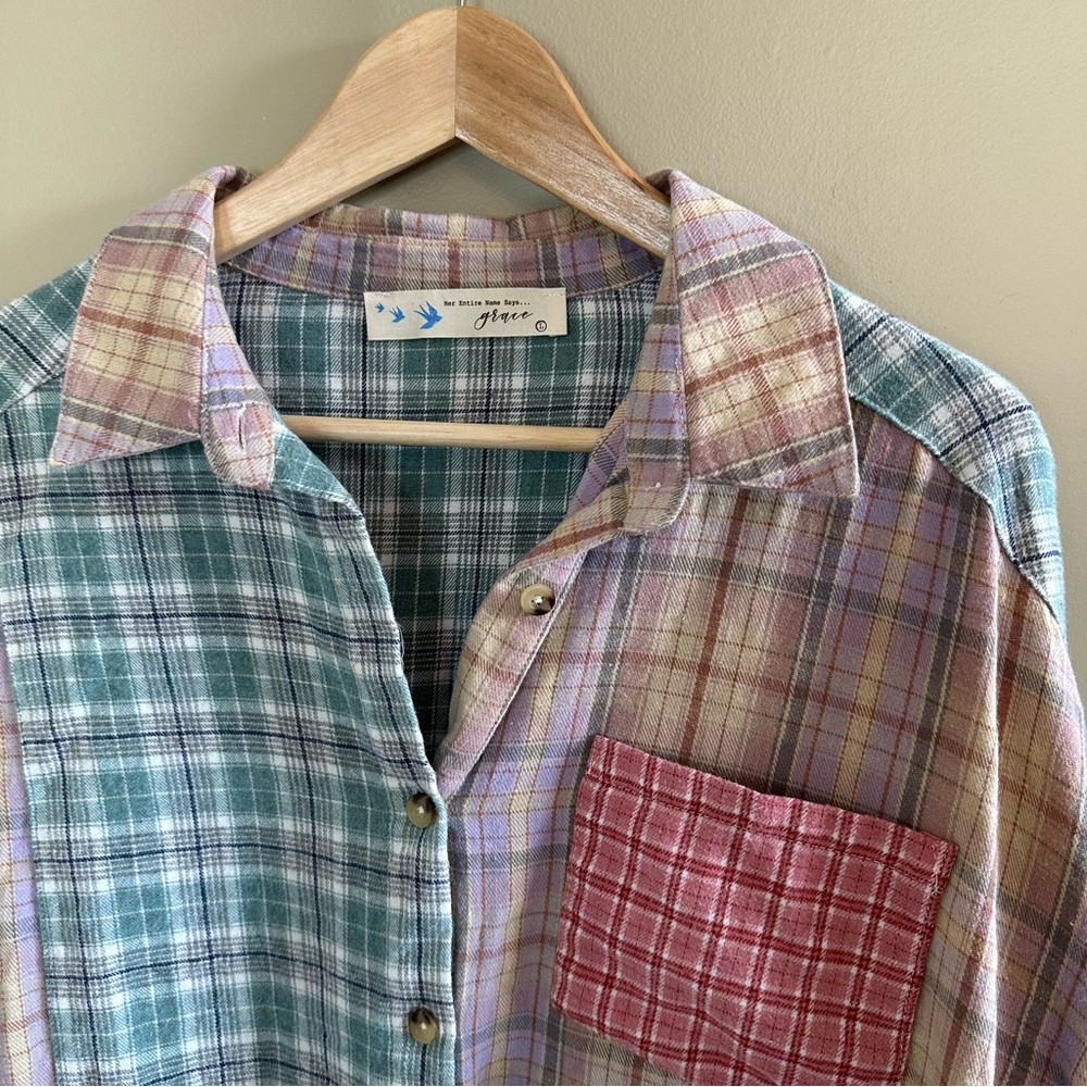 Plaid Patchwork Button-Up Shirt- L - image 2